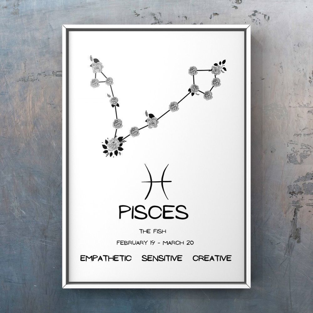 Pisces zodiac sign constellation art print black white floral design